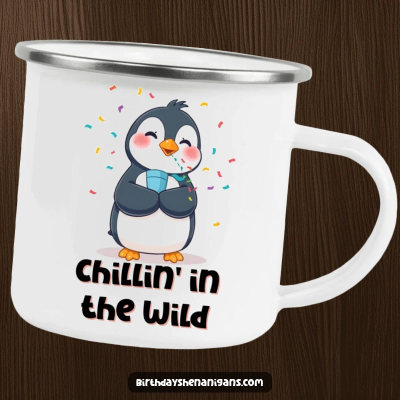 Funny camping mug featuring a wobbly penguin blowing a confetti popper, designed for adventurous celebrations.