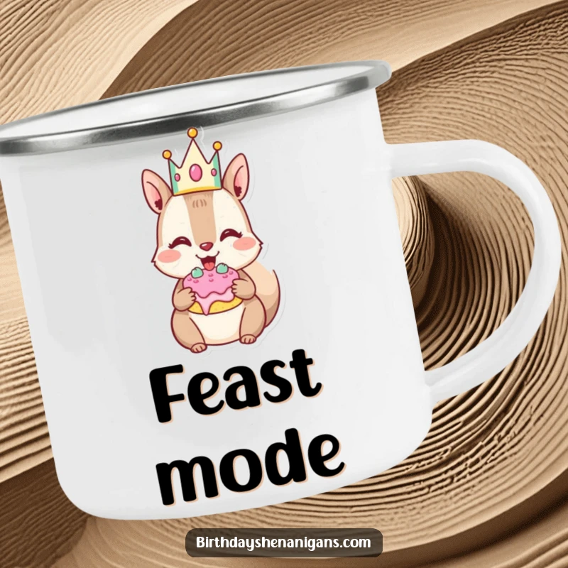 Funny Squirrel Camping Mug: Joyful character stuffs cheeks with cake, durable and cheerful for outdoor enjoyment.