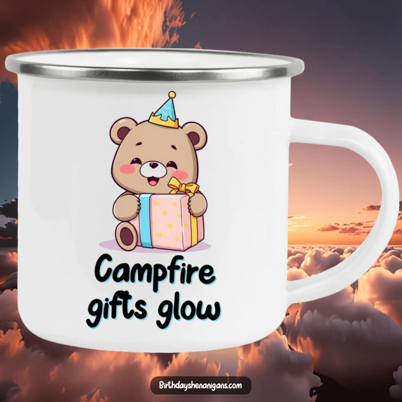 Funny camping mug featuring a smiling bear with a birthday crown, happily unwrapping a comically oversized gift, ready for outdoor celebrations.