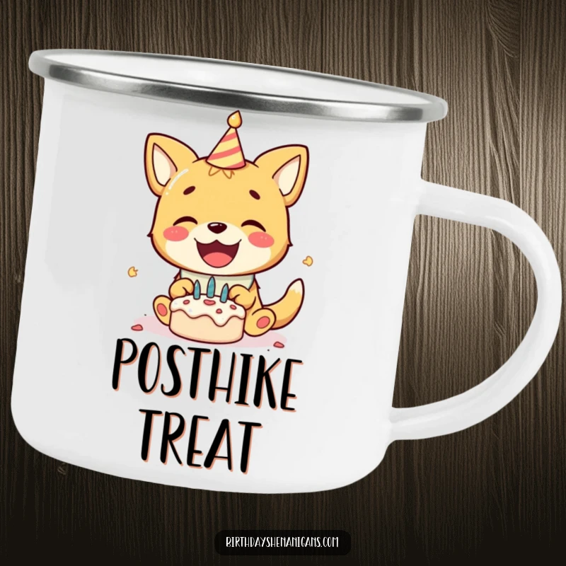 Funny camping mug with a delighted dog wearing a birthday bib, gleefully smashing a tiny birthday cake, ready for adventure.