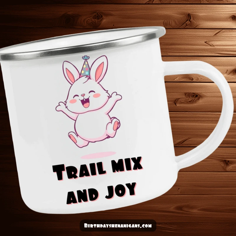 Funny camping mug with a fluffy bunny in a party hat, joyfully leaping, designed for outdoor fun and laughter.
