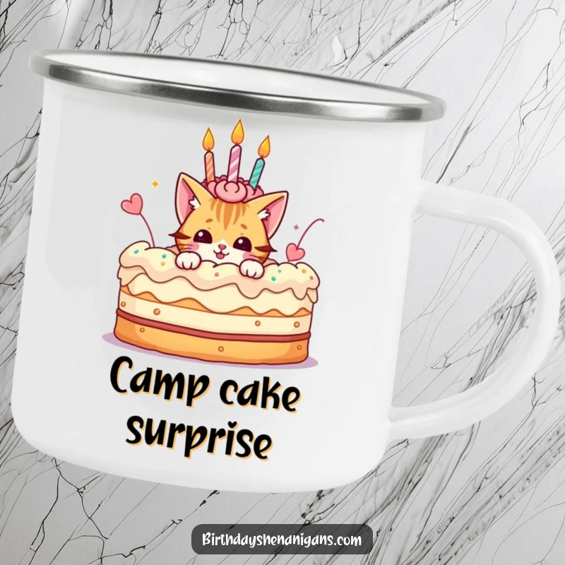 Funny camping mug with a playful cat character peeking from a giant birthday cake, perfect for outdoor celebrations.