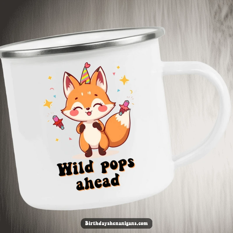Funny fox camping mug featuring a gleeful character juggling party poppers, designed for festive outdoor experiences.