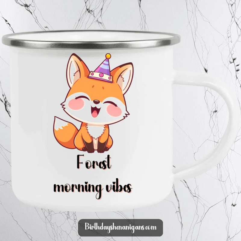 Funny camping mug featuring a giggling fox wearing a party crown askew, designed for adventurous fun.