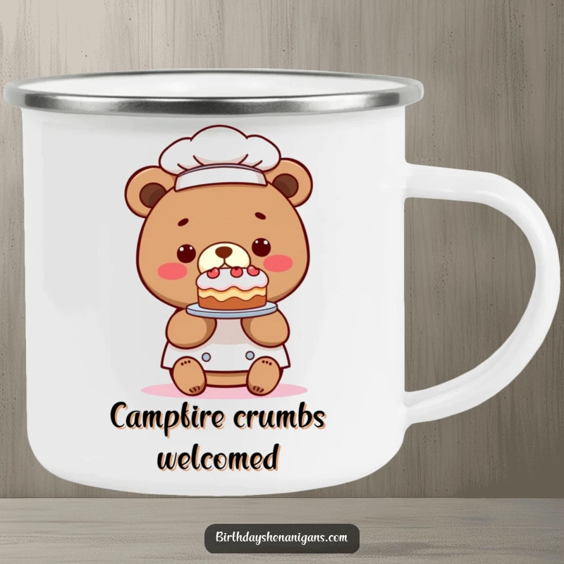 Funny camping mug with a kawaii bear chef presenting a comically tiny cake, ideal for outdoor enjoyment and a sweet funny gift.