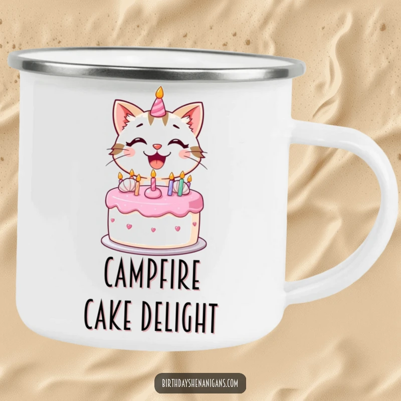 Funny kawaii cat with a big smile decorating a birthday cake with frosting on a rustic camping mug.