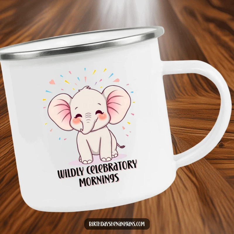 Funny kawaii elephant character trumpeting joyfully, with streamers, on a durable camping mug for outdoor fun.