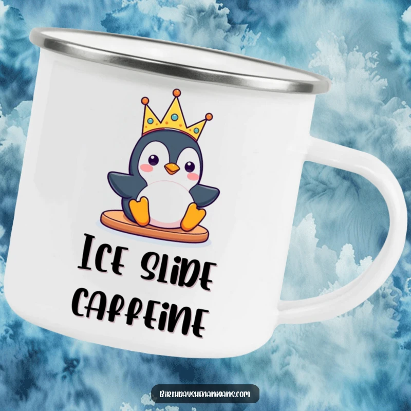 Funny kawaii penguin character sliding with a silly party crown on a rugged camping mug, perfect for outdoor adventures and bringing cheer.