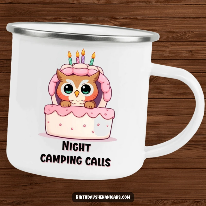 Funny camping mug featuring a curious owl peeking from behind a giant birthday cake, designed for adventurous fun.