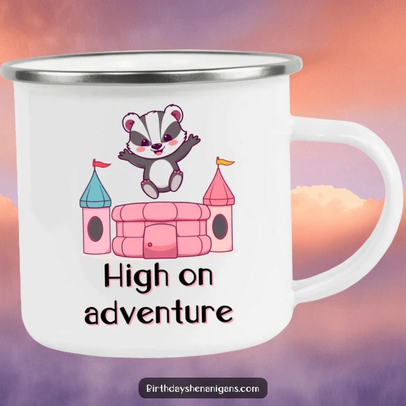 Funny camping mug with an energetic badger joyfully bouncing on a bouncy castle, perfect for campfire fun.