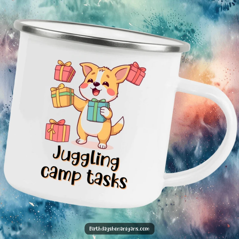 Funny camping mug with a determined dog character juggling three colorful gift boxes, perfect for outdoor adventures.