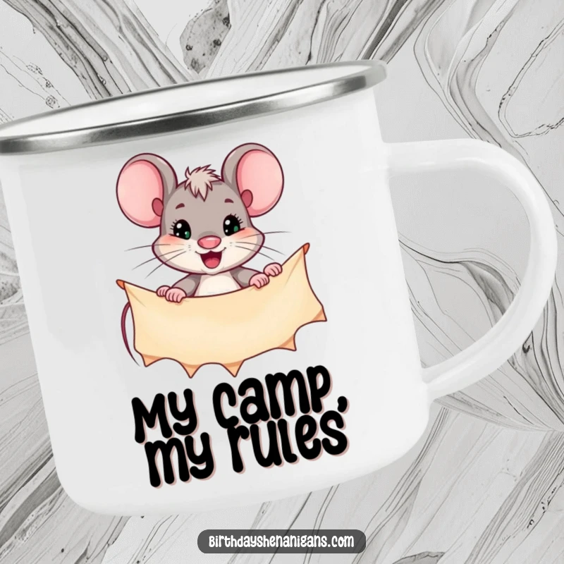 Funny camping mug showing a focused mouse character hanging a banner, ideal for outdoor enthusiasts with a determined spirit.