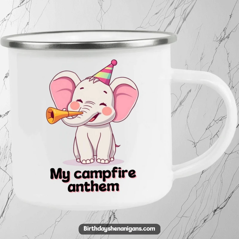 Funny camping mug showing a happy elephant blowing a party horn, perfect for adding festive cheer to outdoor adventures.