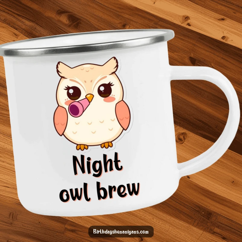 Funny kawaii owl character wearing a party blower in its beak on a rugged camping mug, perfect for outdoor adventures and bringing cheer.
