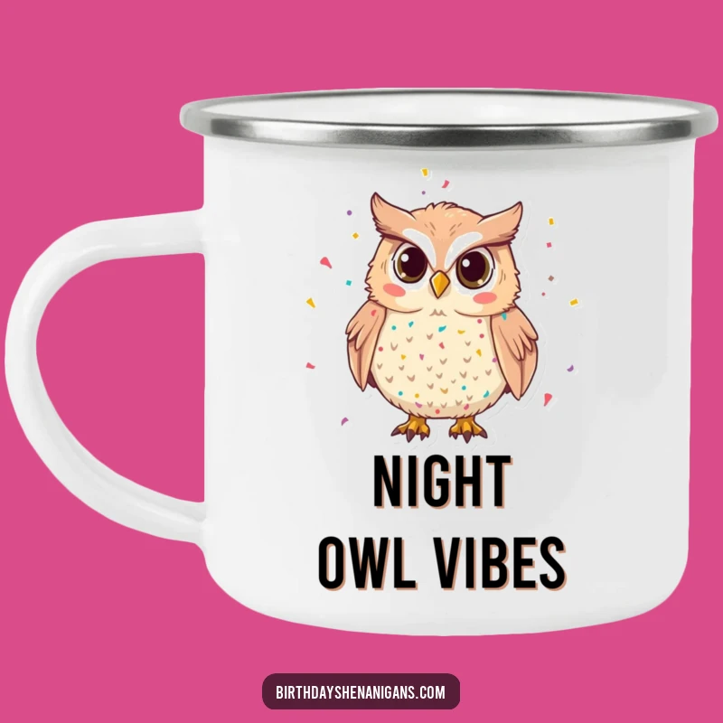 Funny Mischievous Owl Confetti Camping Mug: Festive Sips Outdoors