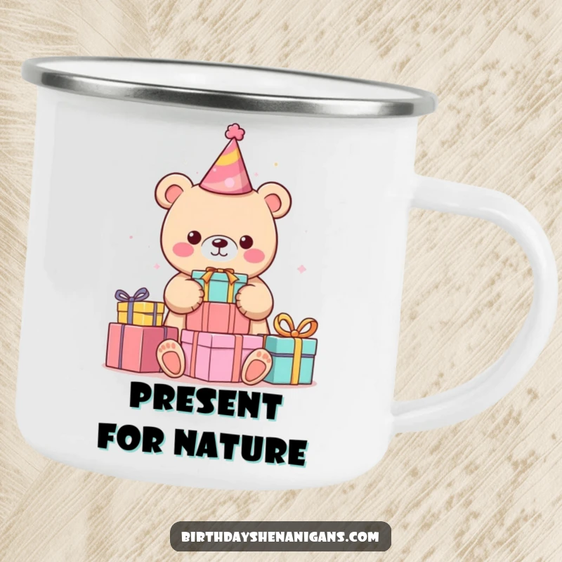 Funny kawaii bear with party hat stacking colorful presents on a rustic camping mug, ready for outdoor hilarity.