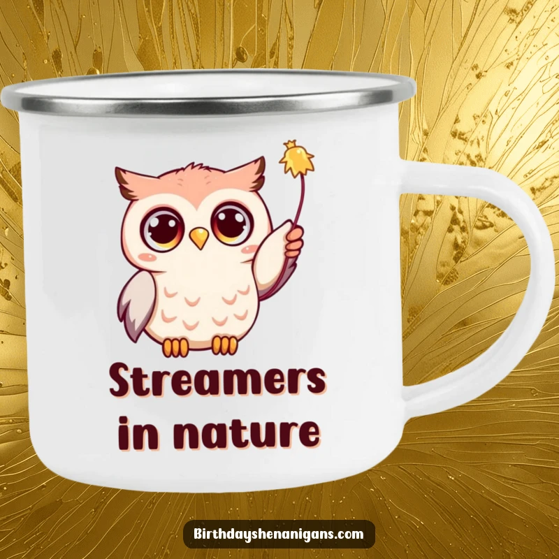 Funny Kawaii owl eagerly reaching for a streamer, depicted on a durable camping mug, perfect for outdoor celebrations.