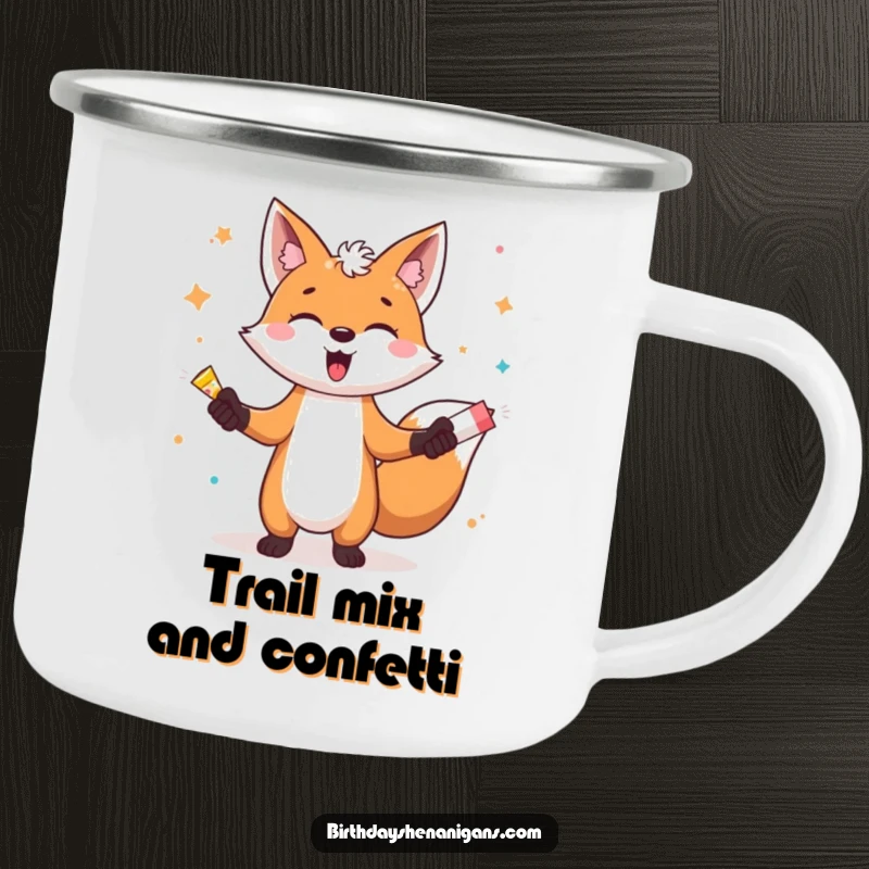Funny camping mug showing a gleeful fox character juggling party poppers, bringing a festive and humorous vibe to the outdoors.