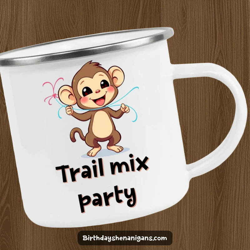 Funny camping mug with a playful monkey character dancing with a streamer, built for outdoor parties and fun.