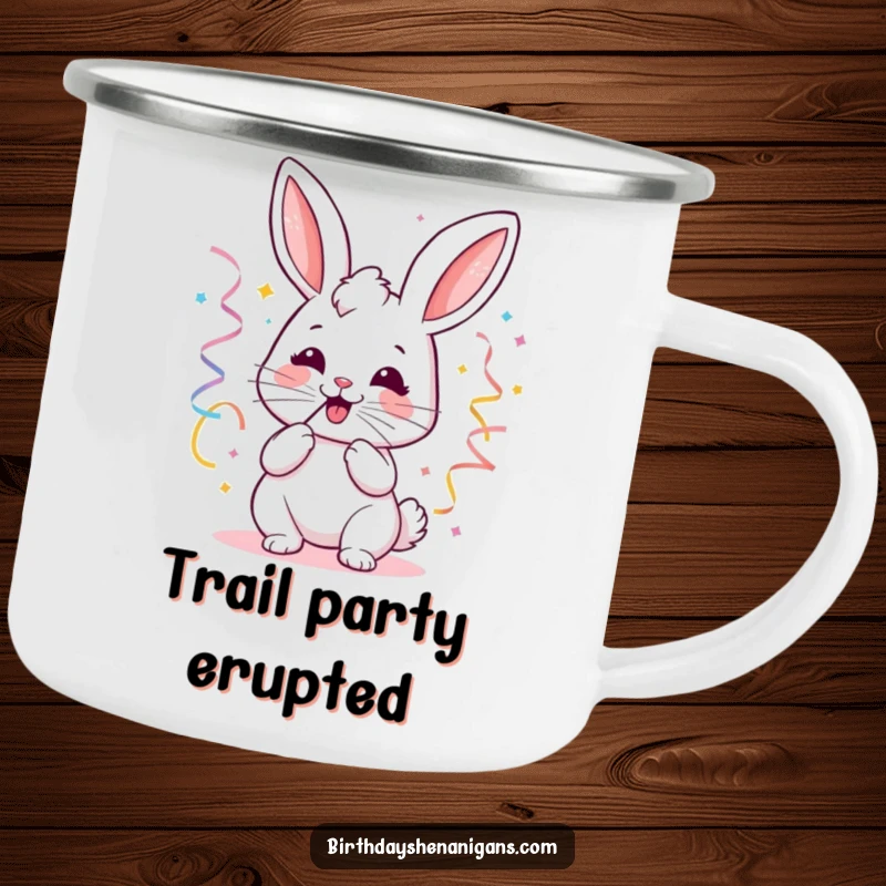 Funny kawaii bunny party camping mug showing a joyful bunny blowing streamers, for outdoor celebrations and cheer.