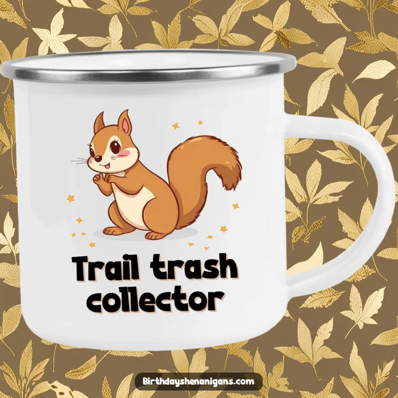 Funny enamel camping mug with a squirrel scattering wrapping paper, perfect for hot drinks during holiday camping trips.