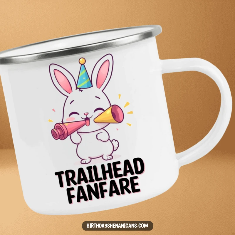 Funny Bunny Camping Mug: A happy bunny character blowing a giant party horn, durable and ready for outdoor festivities.