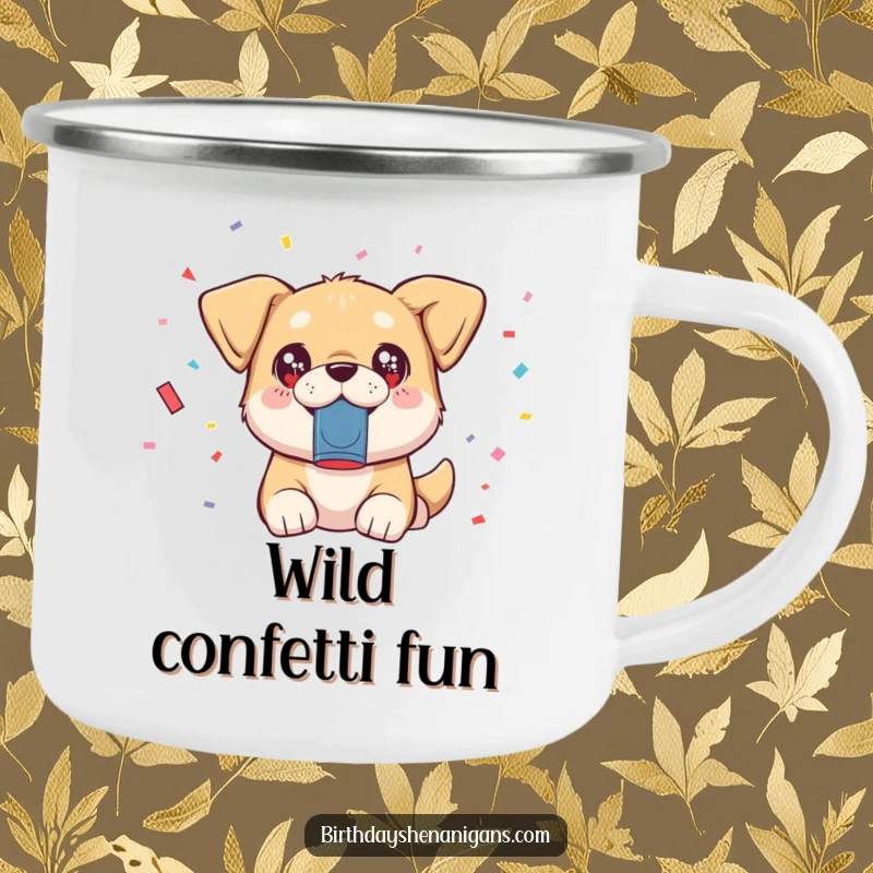Funny kawaii dog with sparkling eyes launching confetti from a popper on a rustic camping mug.