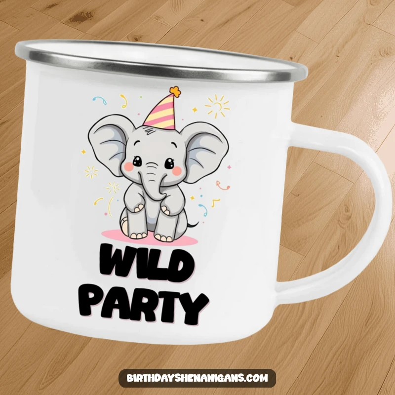 Funny Elephant Camping Mug: Delighted character sprays poppers, durable and cheerful for outdoor celebrations.