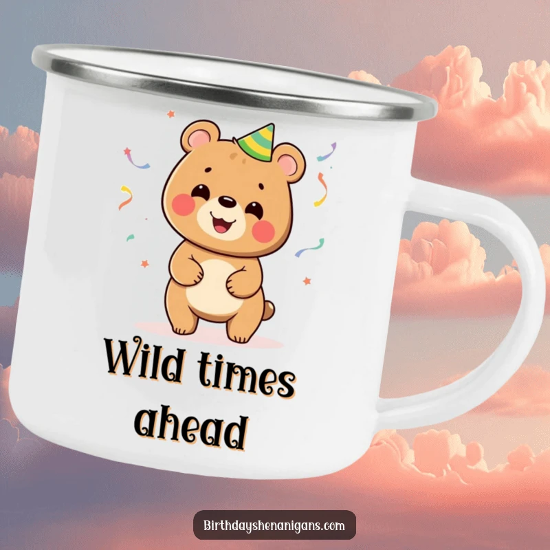 Funny camping mug with a happy bear juggling vibrant party streamers, adding a festive touch to outdoor adventures.