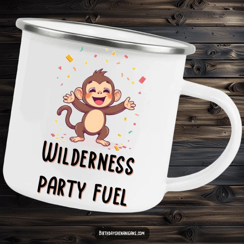 Funny camping mug with a kawaii monkey throwing confetti with glee, ideal for outdoor enjoyment and a festive funny gift.