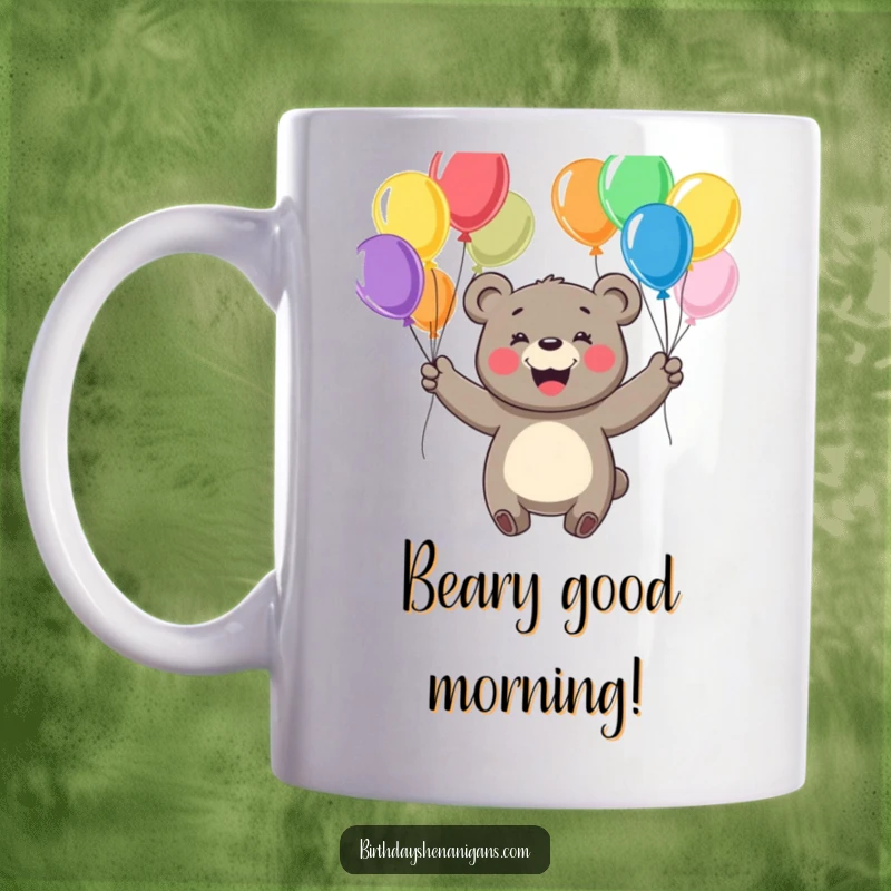 Funny mug featuring a cheerful bear with a big smile, juggling colorful balloons with impressive skill.
