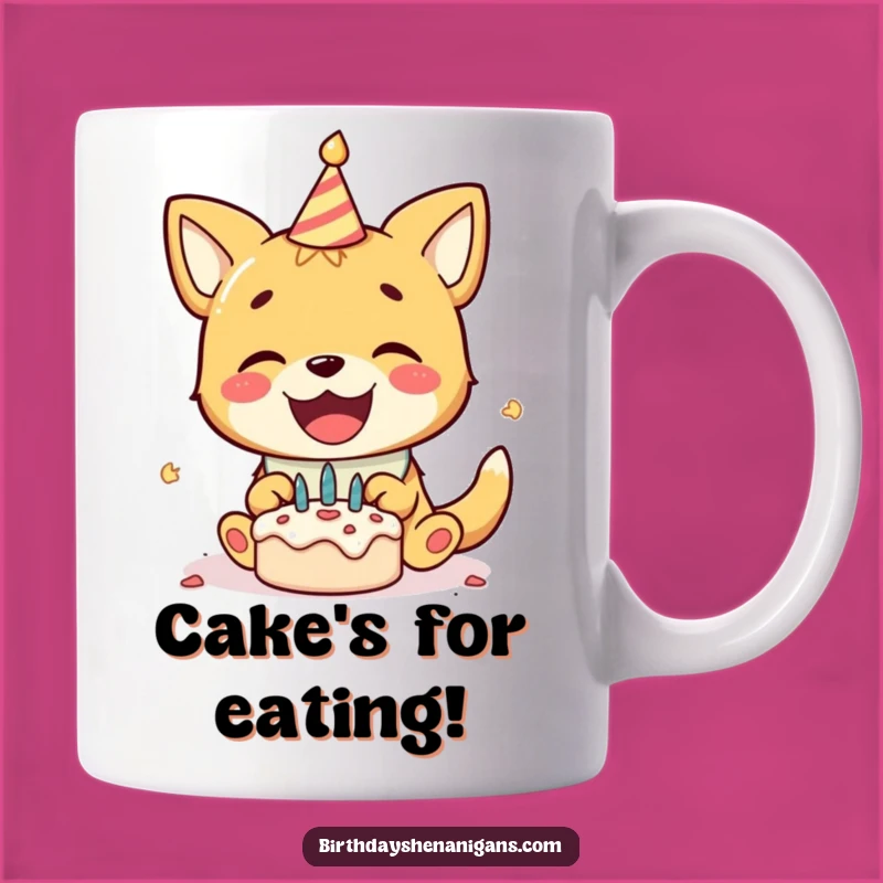 Funny Birthday Dog Cake Smash Mug Gift, A Delighted Dog Gleefully Smashing Cake