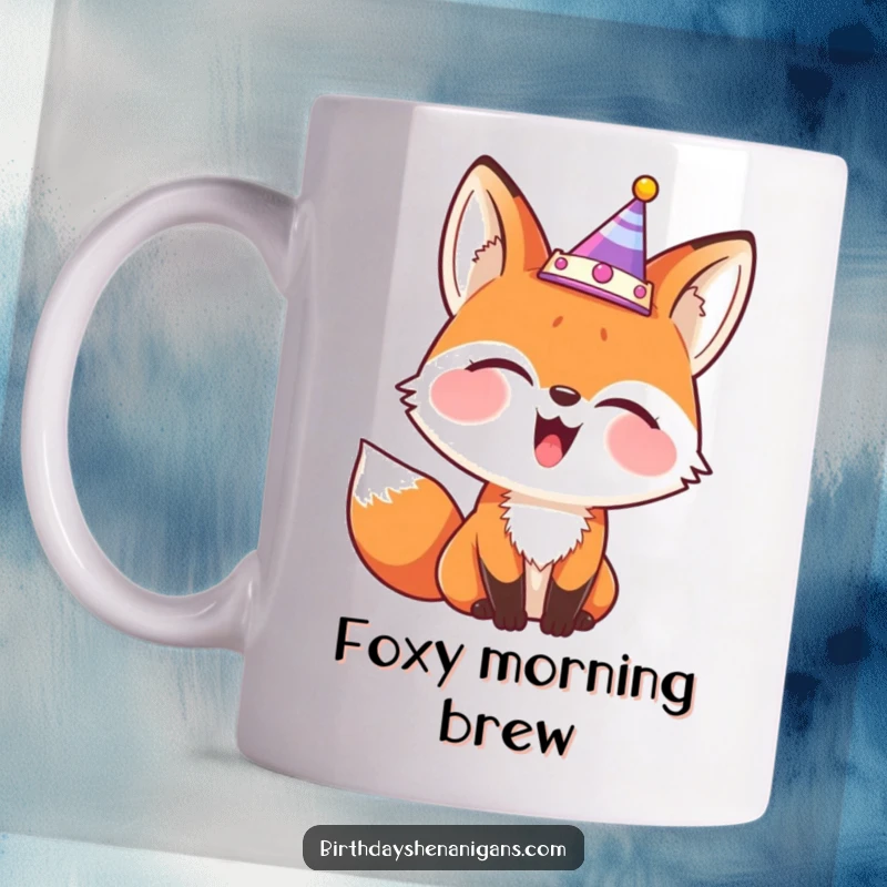 Funny mug featuring a giggling fox wearing a party crown comically askew, exuding playful charm.