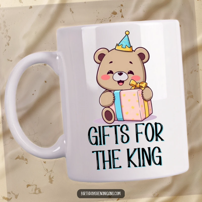 Funny mug featuring a smiling bear wearing a birthday crown, happily unwrapping a comically large gift, symbolizing birthday excitement.