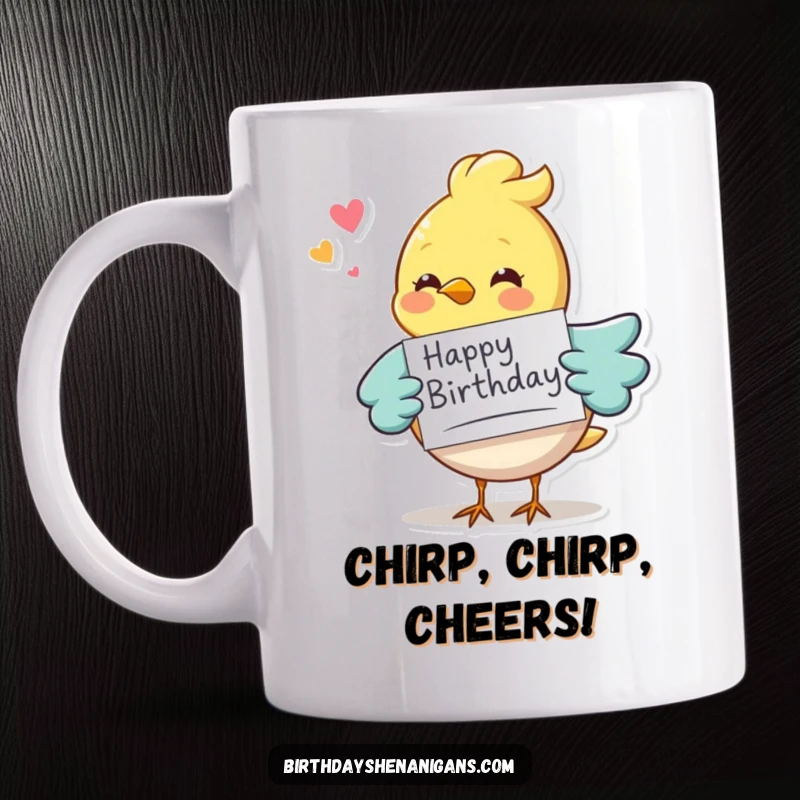 Funny whimsical bird character delivering a birthday card with a cheerful chirp, a humorous and festive mug design.