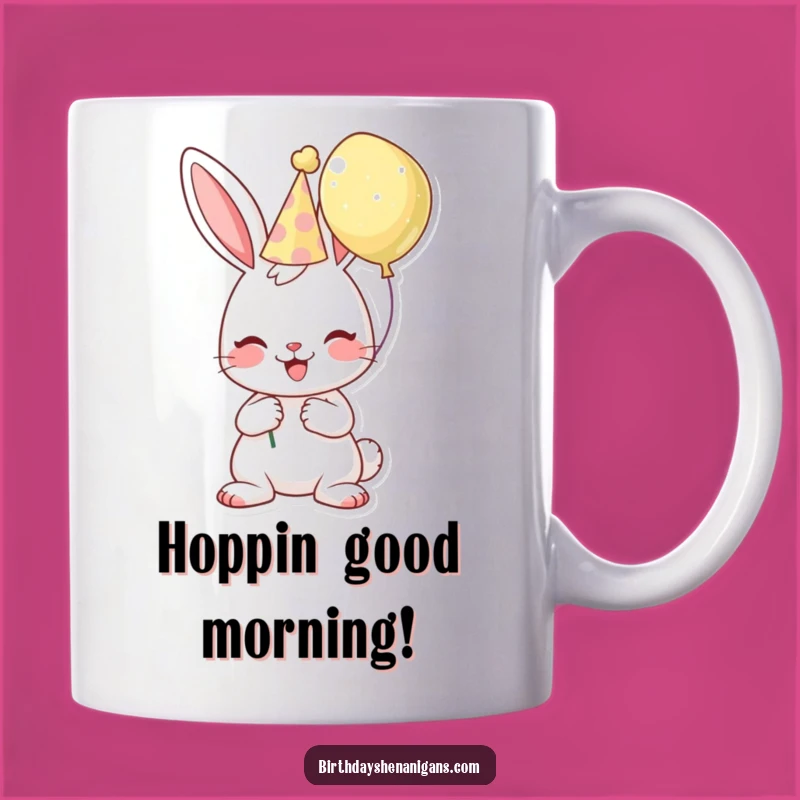 Funny Birthday Bunny Mug: Cheerful Character with Hat & Balloon, Perfect Gift