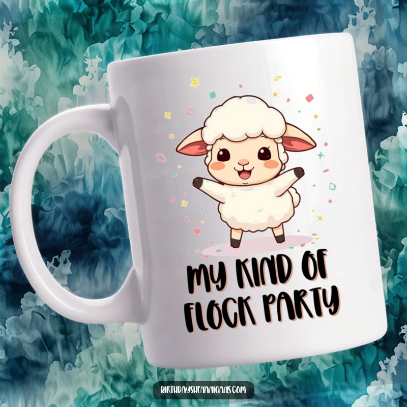 Funny mug with a bouncing sheep character gleefully playing with a colorful explosion of confetti, expressing pure, unadulterated joy.