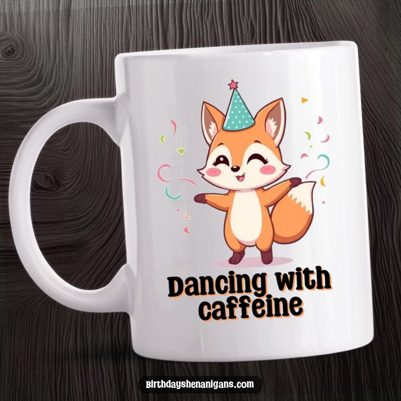 Funny Fox Mug: Cheerful character in sparkly hat dances with streamers, conveying pure party excitement.