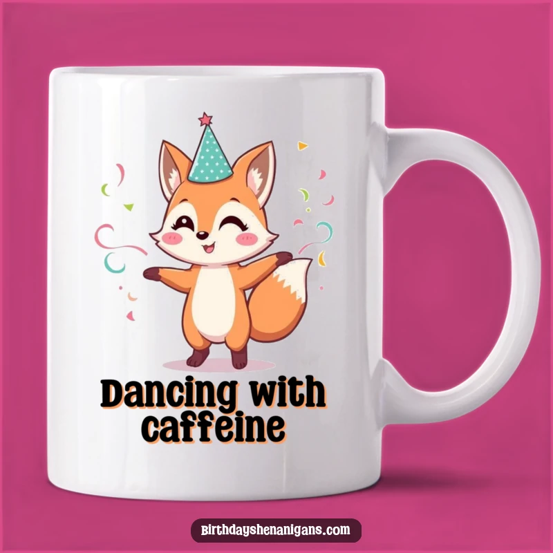 Funny Fox Party Mug: Dancing Streamer Design, Perfect Celebration Gift!