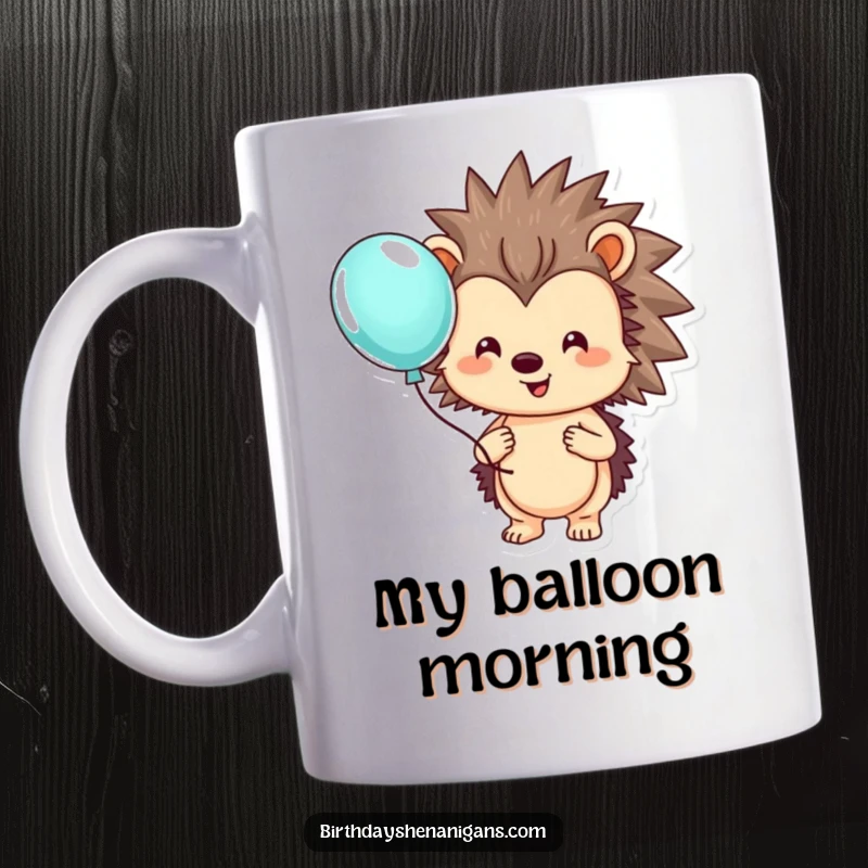 Funny hedgehog mug featuring a smiling character gently holding a brightly colored balloon, radiating simple joy.