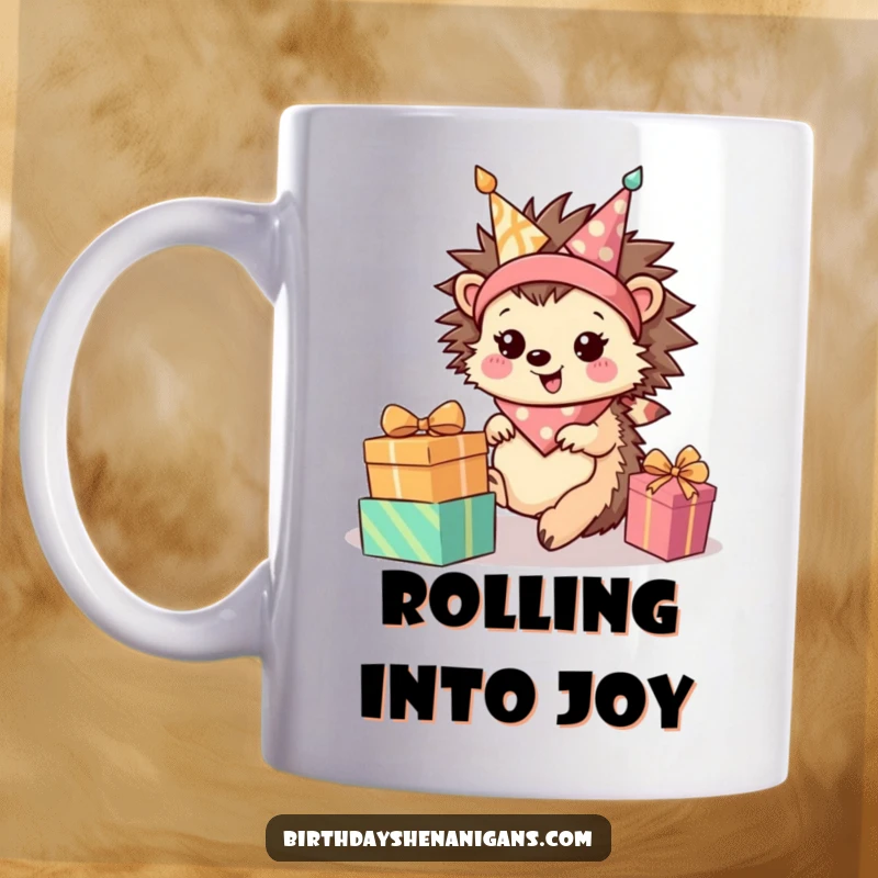 Funny Hedgehog Mug: Happy character in bandana rolls towards presents, conveying excitement and joy.
