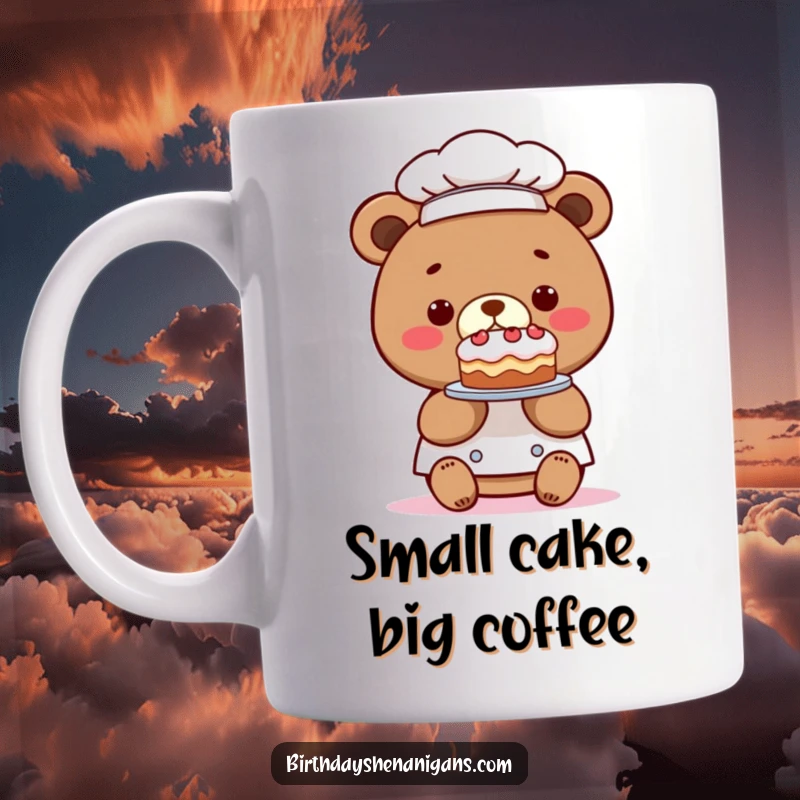 Funny mug with a kawaii bear chef proudly holding a comically tiny cake, conveying a charming and humorous baking moment, a great gift.