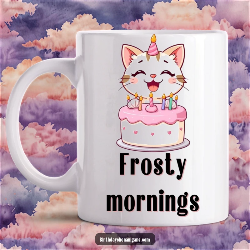 Funny kawaii cat with a big smile decorating a birthday cake with frosting on a mug, showcasing baking joy.