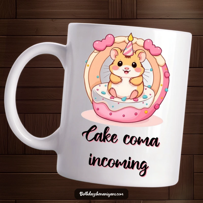 Funny kawaii hamster character spinning wildly inside a rolling birthday cake, depicted on a humorous mug.