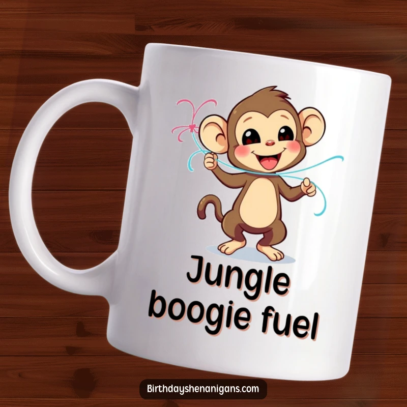 Funny mug showcasing a playful monkey character excitedly dancing with a colorful streamer, radiating pure party joy.