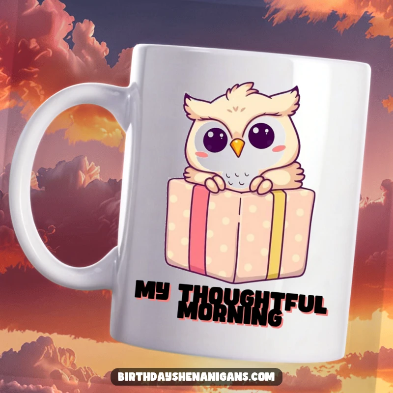 Funny coffee mug with a cute owl peeking curiously out of a brightly wrapped gift box, embodying surprise and delight.