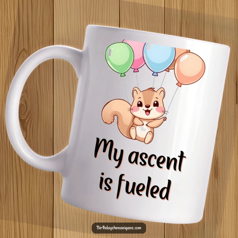 Funny squirrel character comically dangling from brightly colored balloon strings, embodying pure joy and a hint of mischief.