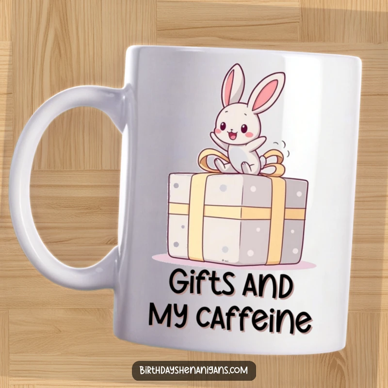 Funny mug with a kawaii bunny joyfully bouncing on a giant present, conveying excitement and happiness, a perfect gift item.