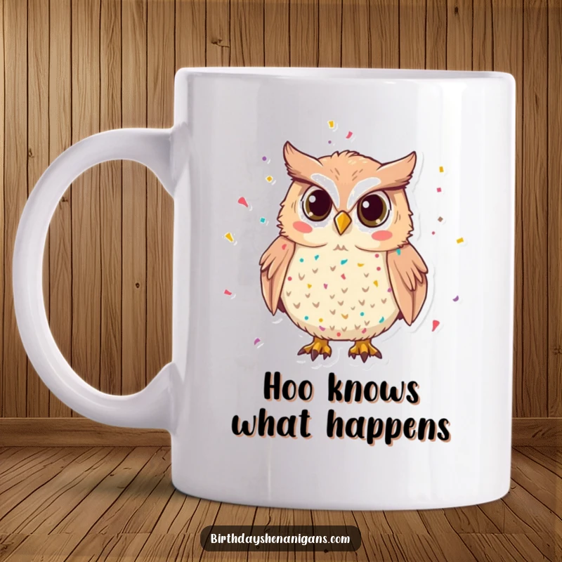 Funny Owl Mug: A mischievous owl covered in confetti, ready for fun, making it a perfect party-themed funny gift.