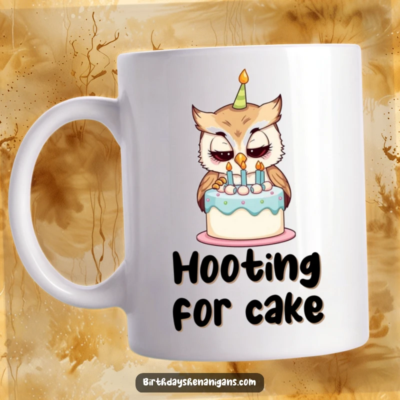 Funny mug featuring a curious owl character intently examining a birthday cake, conveying a sense of playful wonder and desire.